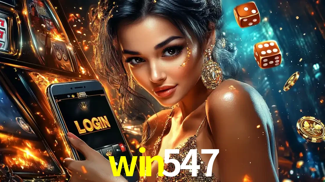 Mulher glamourosa segurando um celular com a tela de login do cassino win547, rodeada por dados e moedas douradas, pronta para começar a diversão.