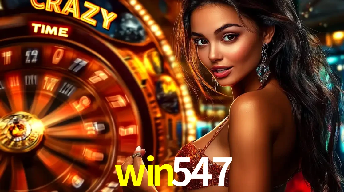 Mulher ao lado da roda de prêmios do jogo de cassino ao vivo Crazy Time, um dos shows de jogos mais emocionantes oferecidos pela plataforma de apostas win547.