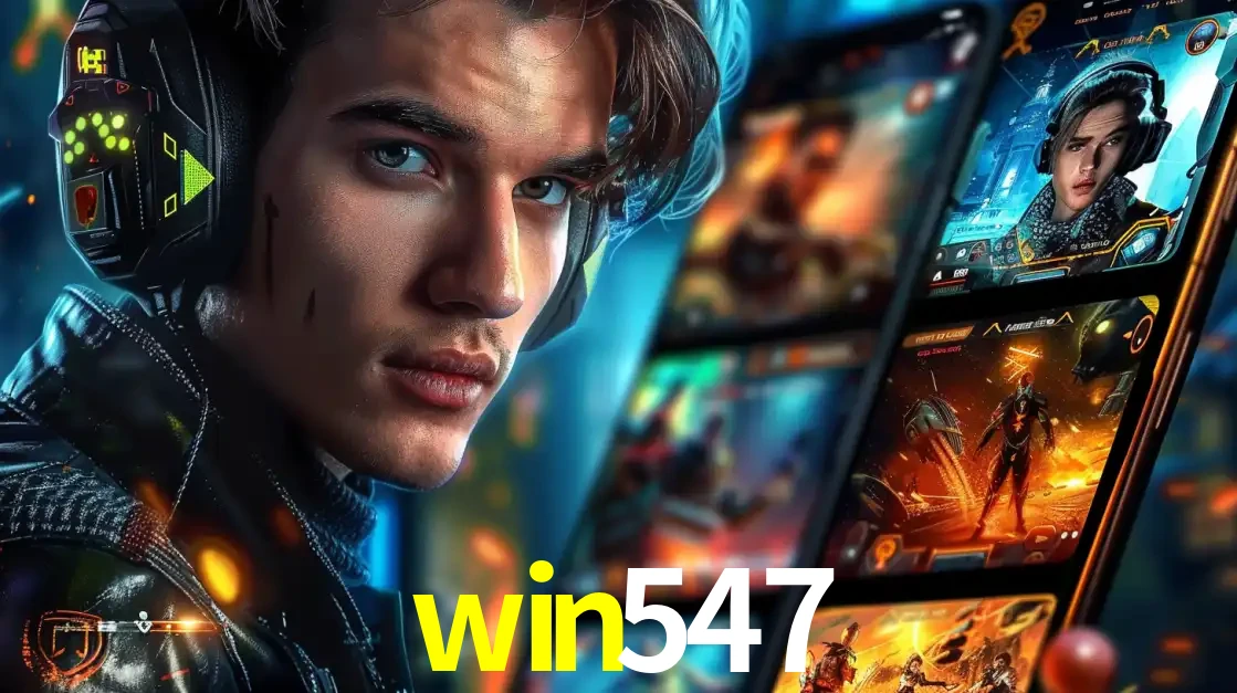 Jovem jogador com fones de ouvido olhando para a câmera, com um aplicativo de jogos e e-sports para celular ao fundo, pronto para a competição e apostas no win547.