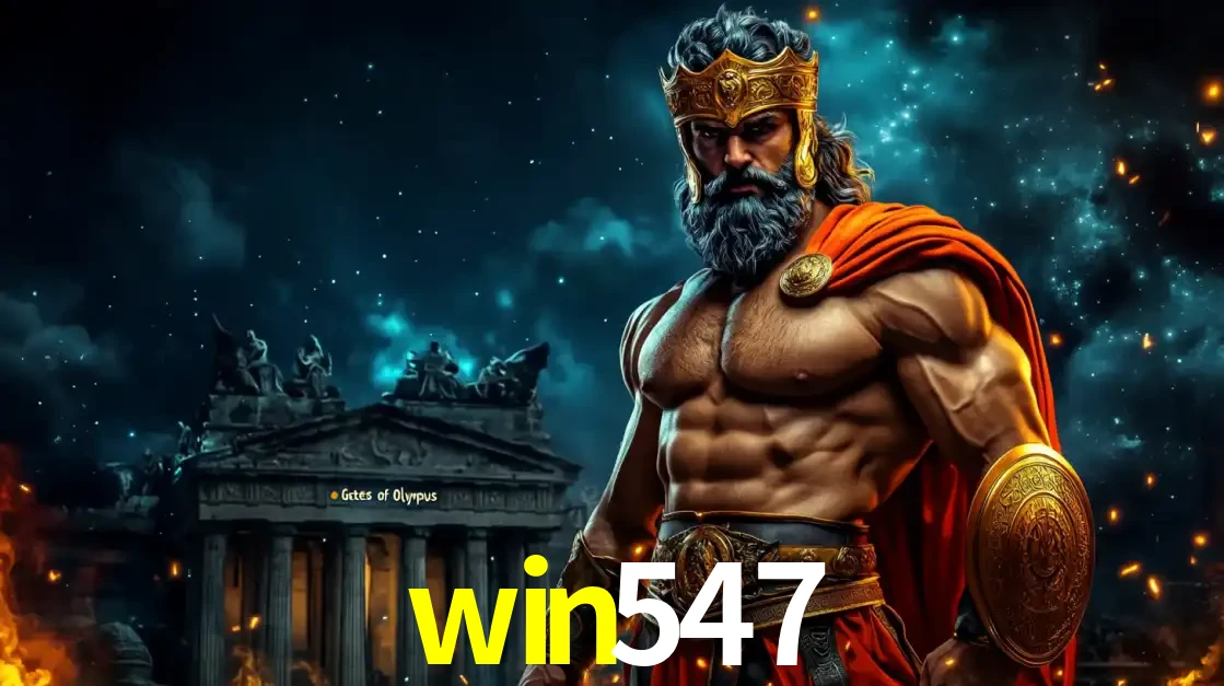 O poderoso Zeus do jogo de slot Gates of Olympus em frente ao seu templo, pronto para lançar multiplicadores divinos e prêmios épicos no cassino online win547.