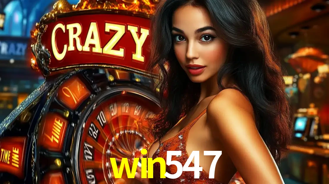 Mulher glamourosa olhando para a câmera com a roda vermelha do Crazy Time ao fundo em um ambiente de cassino, destacando a emoção dos jogos ao vivo no win547.