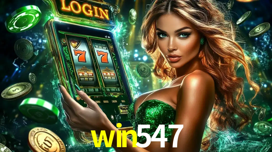 Mulher com tema verde apresentando o aplicativo do cassino win547 com um jogo de slot de 777, cercada por fichas de cassino e uma aura de sorte.