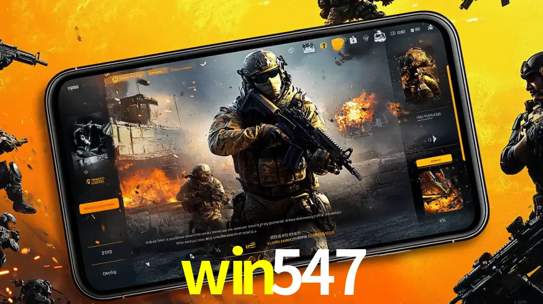 Um smartphone exibindo a interface de um jogo de tiro em primeira pessoa, com um soldado em um cenário de batalha, representando a ação dos e-sports para apostar no win547.
