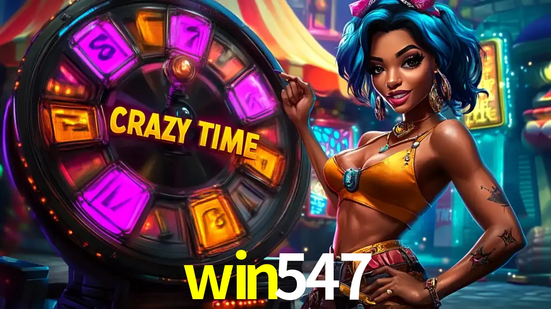 Mulher estilizada com cabelo azul e visual vibrante posando ao lado da roda de prêmios do game show Crazy Time, convidando para a diversão e os bônus do cassino win547.