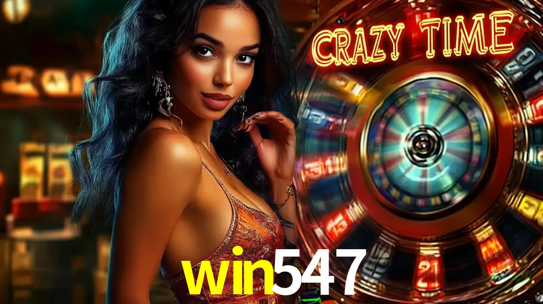 Mulher elegante ao lado da vibrante roda da fortuna do jogo de cassino ao vivo Crazy Time, um dos game shows mais populares e cheios de prêmios do win547.