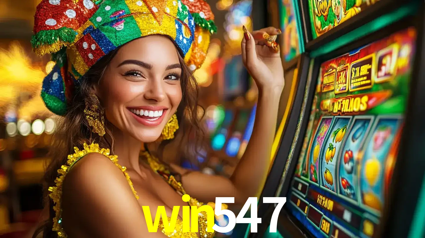 Mulher feliz com traje de carnaval amarelo e colorido ao lado de uma máquina de caça-níqueis, aproveitando a diversão e os jogos temáticos do cassino win547.