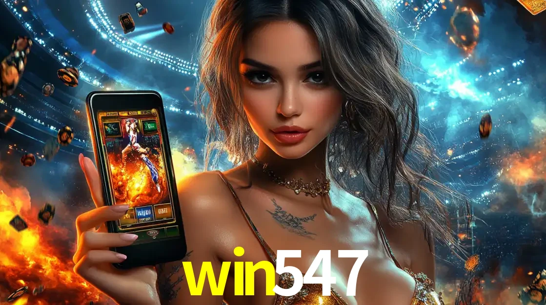 Mulher segurando um celular com um jogo de slot em destaque, tendo como fundo um estádio vibrante, simbolizando a emoção de jogar no cassino móvel win547.